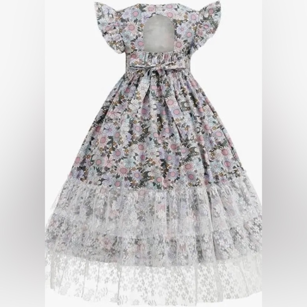 Kogwer Girls Boho Dress Floral Lace Maxi Dress Short Sleeve Round Neck Size 5T